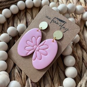Soft Pink Flower Engraved Clay & Resin Earrings